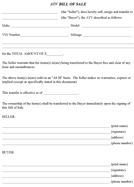 ATV Bill of Sale Template