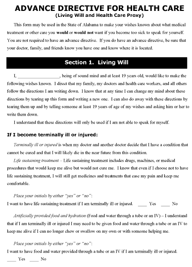 Alabama Blank Printable Living Will Form PDF