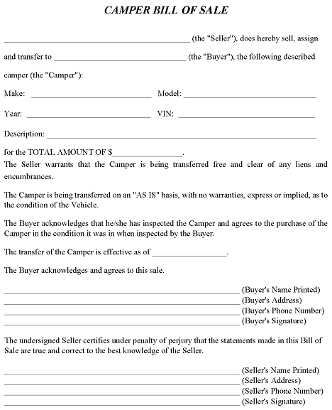 Alabama Camper Bill of Sale Template