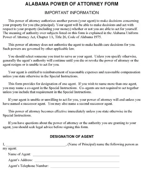 Alabama Financial Power of Attorney Form PDF