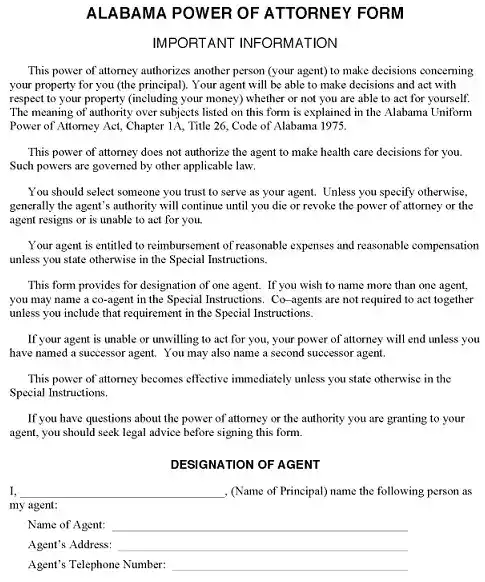 Alabama Financial Power of Attorney Form