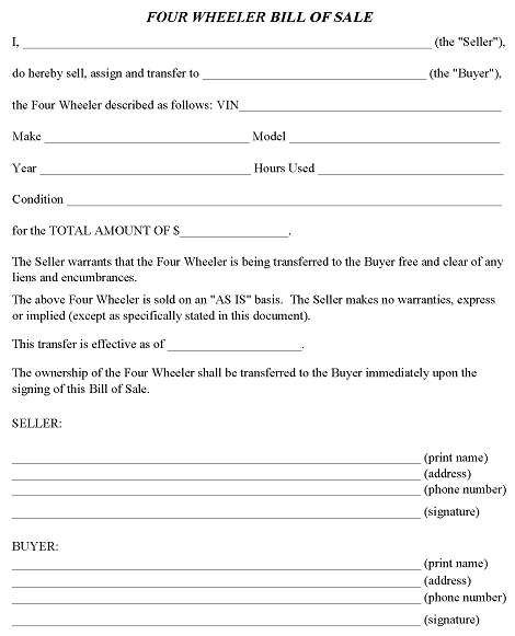 Alabama Four Wheeler Bill of Sale