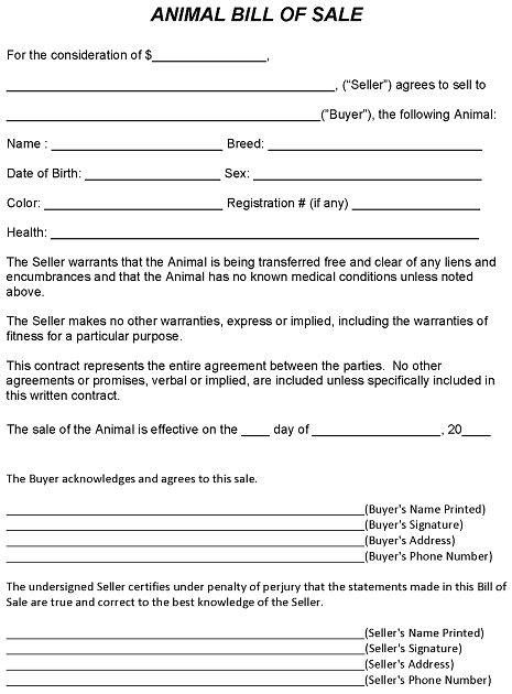 Animal Bill of Sale PDF