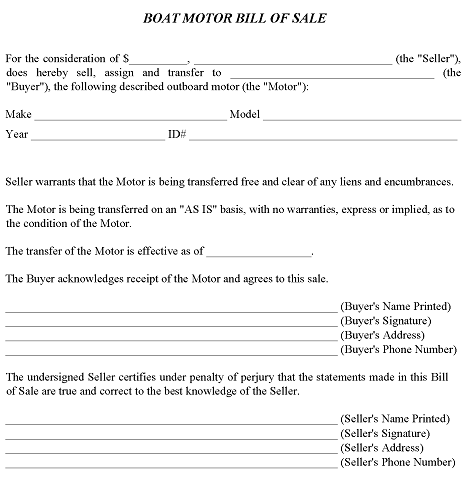 Arizona Boat Motor Bill of Sale Word