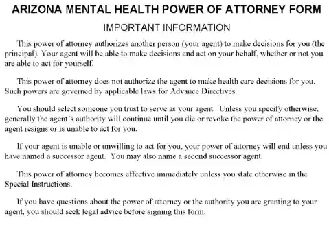 Arizona Mental Health Power of Attorney PDF