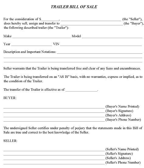 Arkansas Trailer Bill of Sale