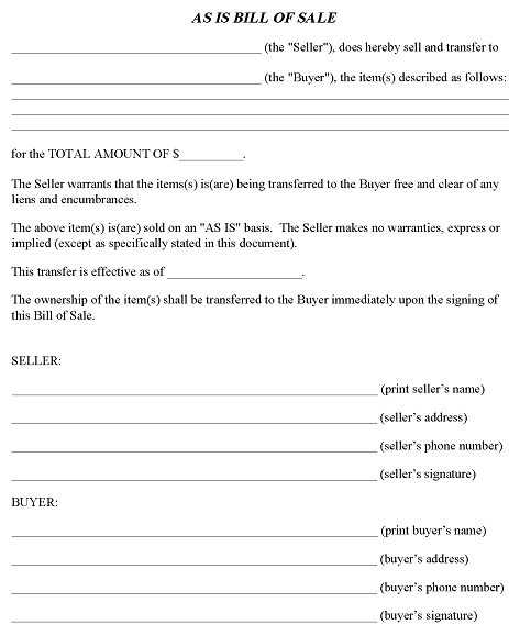 As Is Bill of Sale Forms