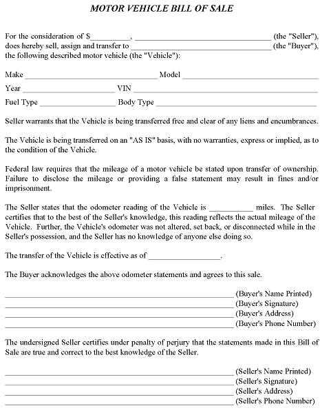 As Is Motor Vehicle Bill of Sale For Truck or Car