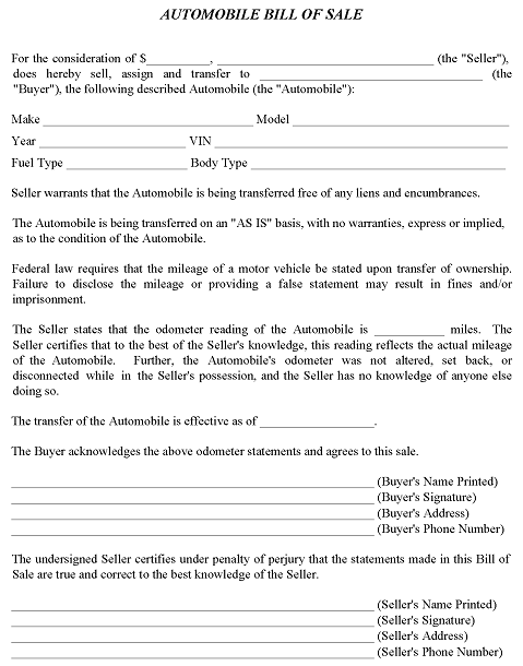Automobile Bill of Sale Template Word