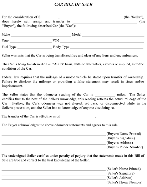 Bill of Sale For Car Template PDF
