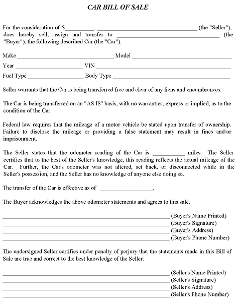 Bill of Sale For Car Template