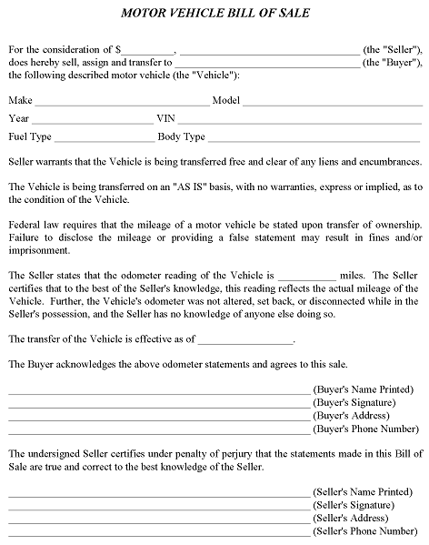 Bill of Sale For Motor Vehicle Template