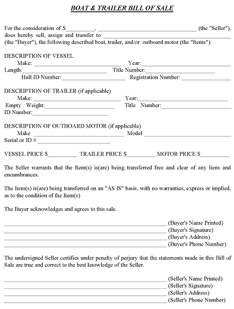 Bill of Sale Template For Boat and Trailer PDF