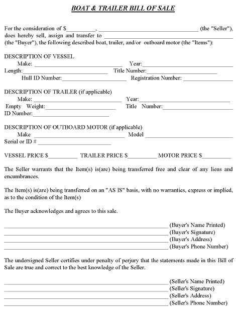Bill of Sale Template For Boat and Trailer Word