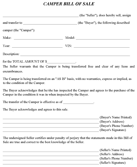 Bill of Sale Template For Camper Word