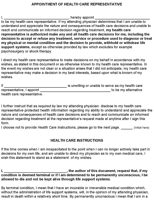 Blank Printable Medical Power of Attorney Form Word