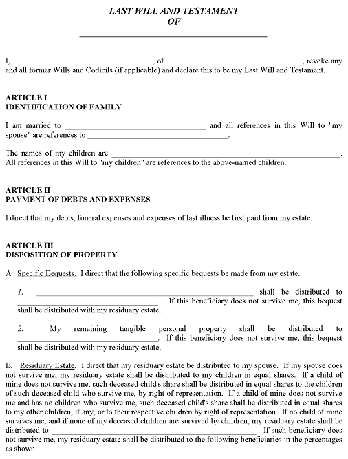 Blank Will Forms Free Printable