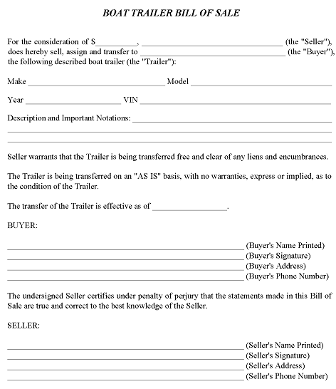 Boat Trailer Bill of Sale Form