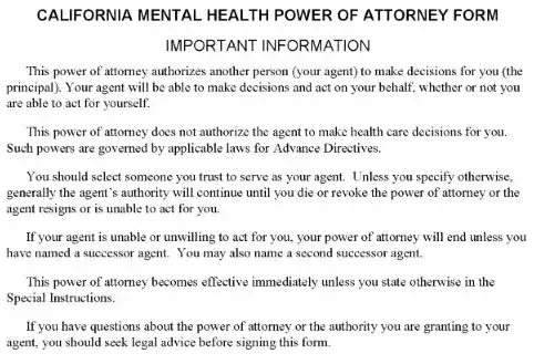 California Mental Health Power of Attorney PDF
