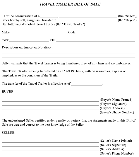 California Travel Trailer Bill of Sale