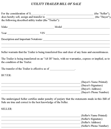 California Utility Trailer Bill of Sale Word