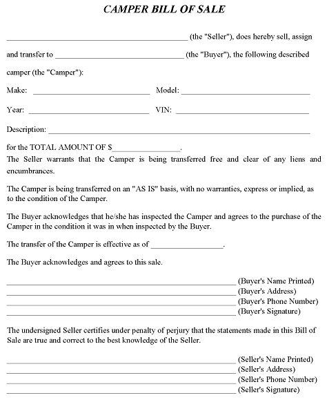 Camper Bill of Sale Template PDF