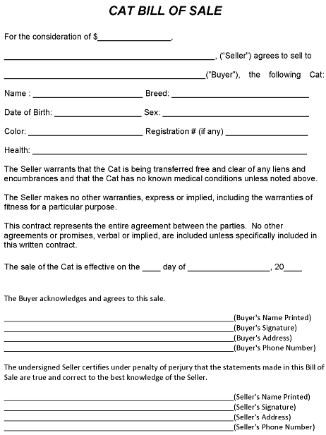 Cat Bill of Sale Form