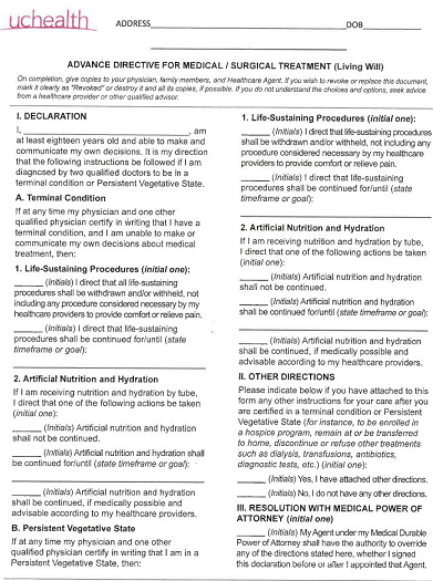 Colorado Blank Printable Living Will Form PDF