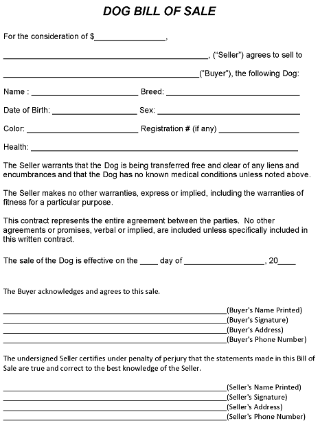 Colorado Dog Bill of Sale