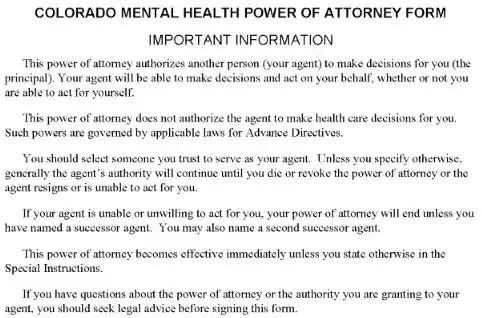 Colorado Mental Health Power of Attorney