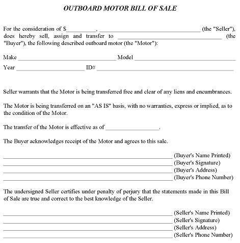 Colorado Outboard Motor Bill of Sale
