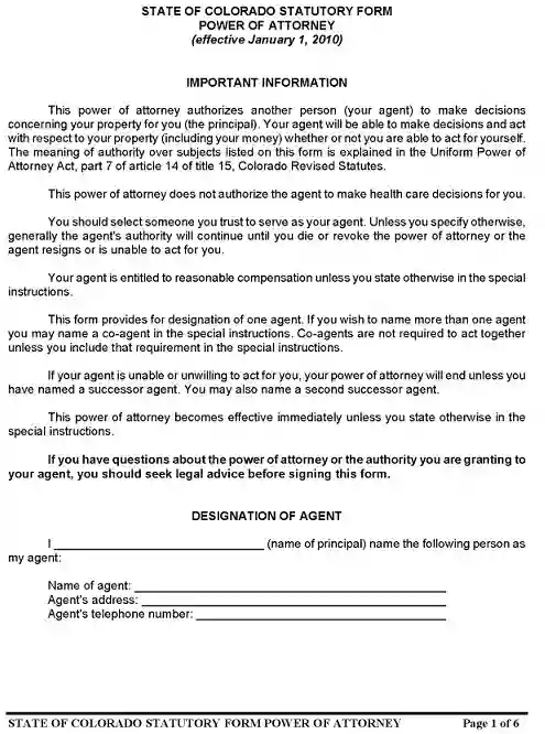 Colorado Power of Attorney Form Free Printable PDF