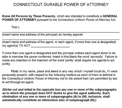 Connecticut Power of Attorney Form Free Printable PDF