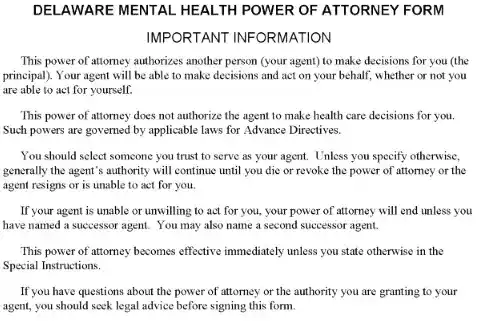 Delaware Mental Health Power of Attorney PDF