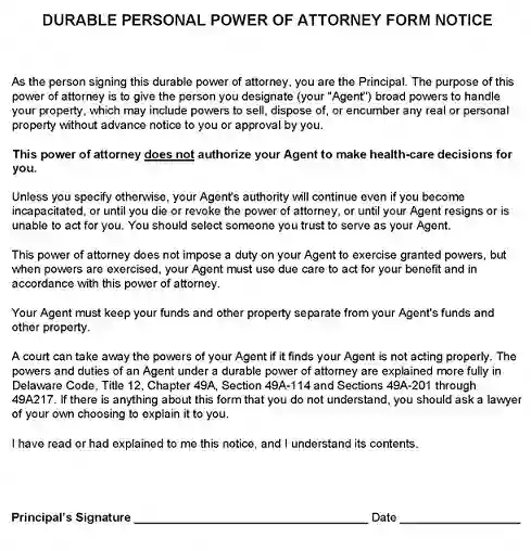 Delaware Power of Attorney Form Free Printable