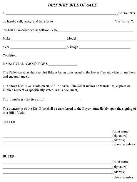 Dirt Bike Bill of Sale Template Word