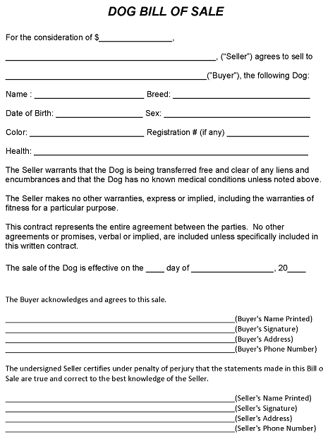 Dog Bill of Sale Template Word