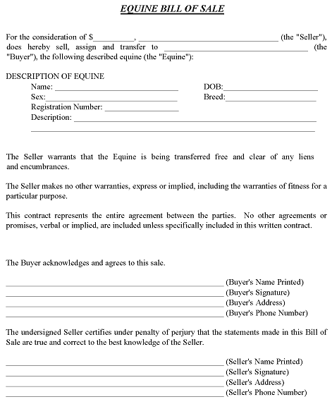 Equine Bill of Sale Form