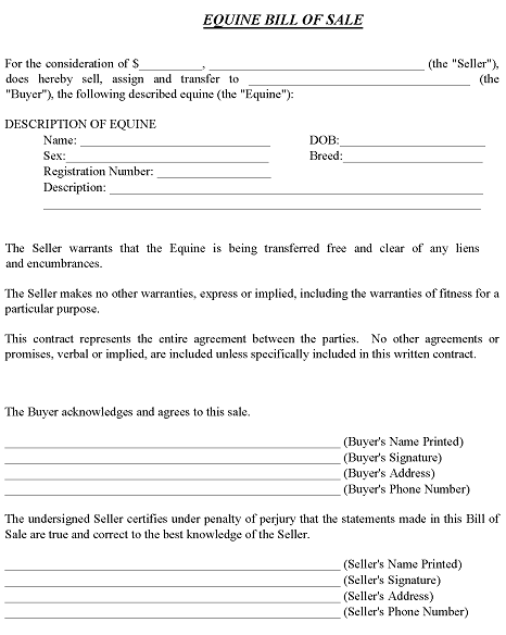Equine Bill of Sale Template Word