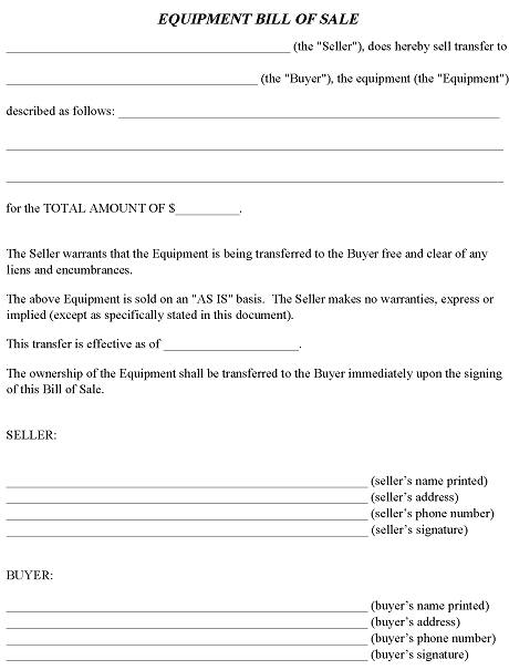 Equipment Bill of Sale Template Word