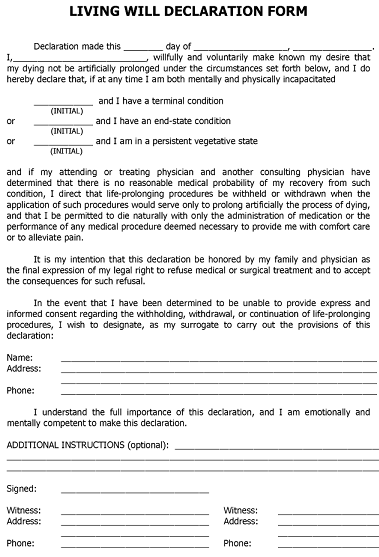 Florida Blank Printable Living Will Form PDF