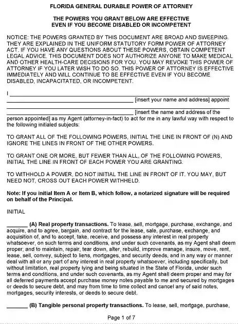 Florida Power of Attorney Form Free Printable PDF
