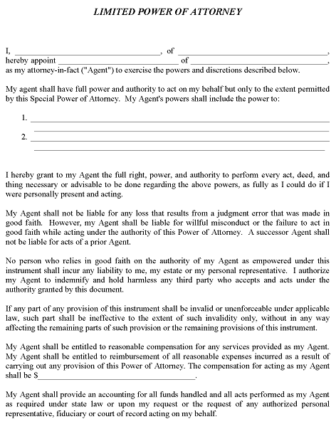 Free Printable Limited Power of Attorney Form PDF