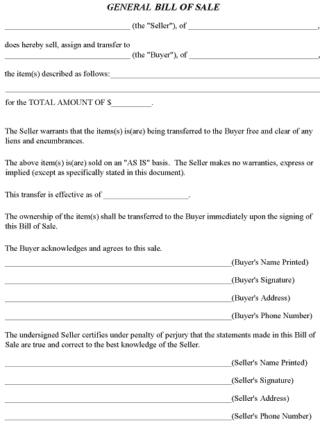 General Bill of Sale Template Word