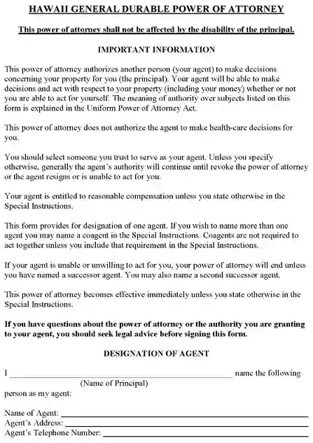 Hawaii Durable Power of Attorney Form PDF