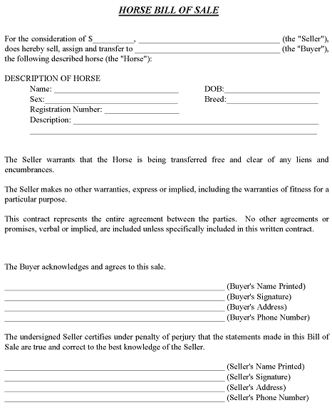 Horse Bill of Sale Template
