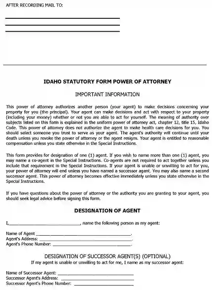 Idaho Power of Attorney Form Free Printable