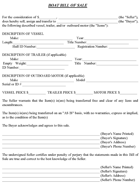 Illinois Boat Bill of Sale Template Word