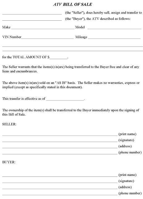 Indiana ATV Bill of Sale Form Word