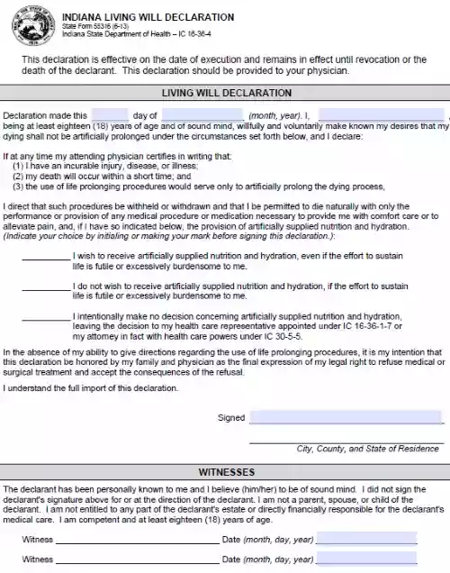Indiana Advance Healthcare Directive Word